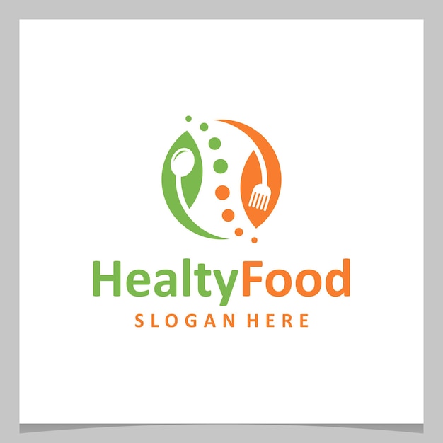 Vector inspiration logo design healthy food with cutlery and leaf. premium vector