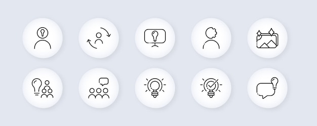 Inspiration set icon reasoning Development think thought note Invented theory progress solution idea conjecture Concept Thinking concept Neomorphism style Vector line icon for Business