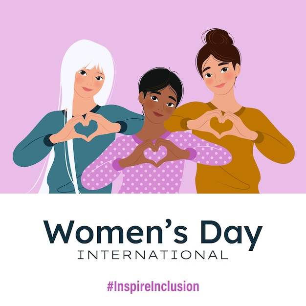 Inspireinclusion 2024 International Womens Day square banner Cartoon women showing sign of heart