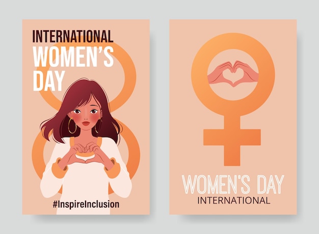 Inspireinclusion 2024 international womens day vertical banners set woman showing sign of heart