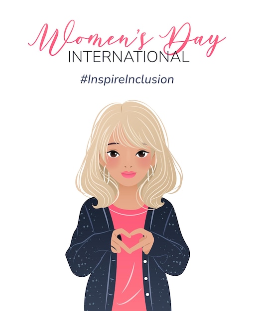 Inspireinclusion 2024 International Womens Day vertical poster Woman showing sign of heart
