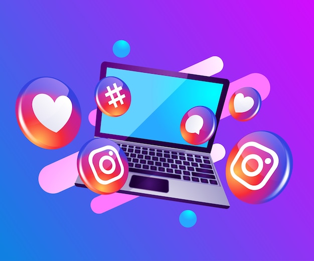 Вектор instagram 3d значок социальных сетей с ноутбуком dekstop