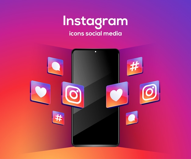 Vector instagram 3d social media icons with smartphone symbol