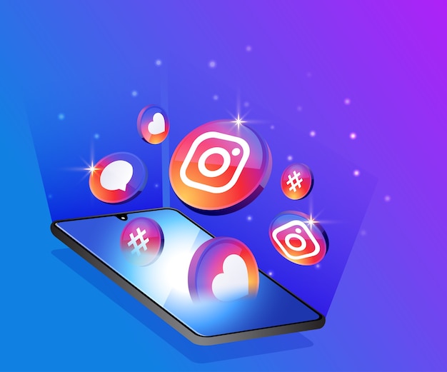 Instagram 3d social media icons with smartphone symbol