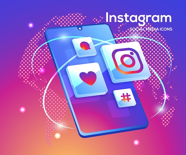 Instagram 3d social media icons with smartphone symbol