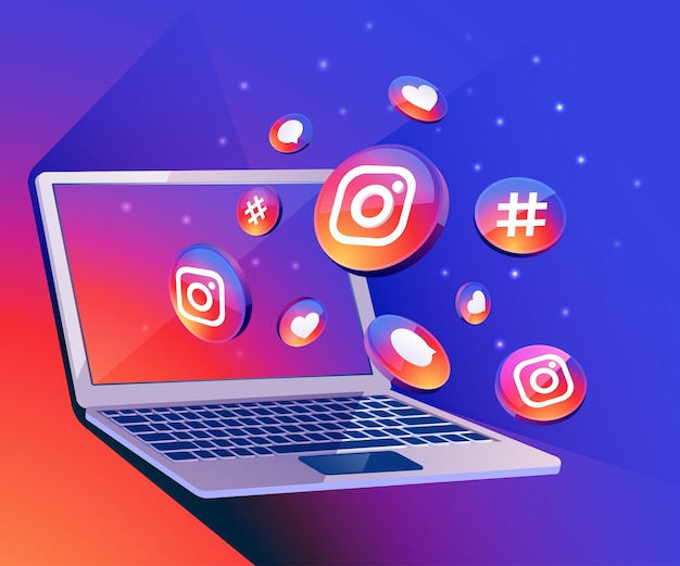 Instagram 3d social media icoon met laptop desktop