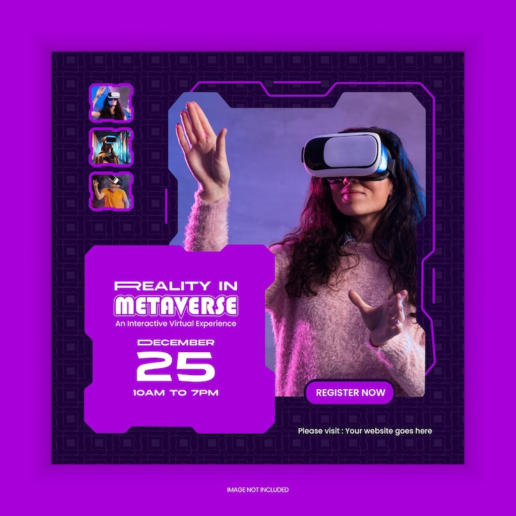 Vector 인스타그램 배너 디자인 템플릿: 가상 현실 또는 vr 헤드 소셜 미디어 게시물 및 기술