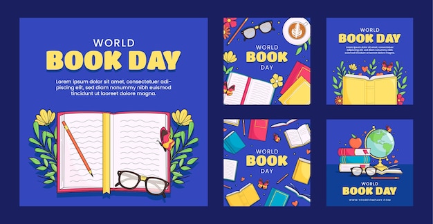 Vector instagram-berichtenverzameling voor de viering van de wereldboekendag