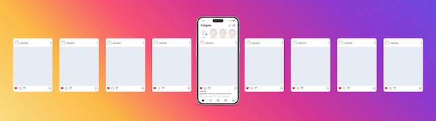 Instagram carousel or slide pages interface vector mockup with nine pages