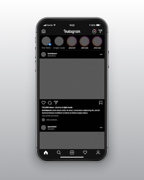 Шаблон пользовательского интерфейса instagram dark mode