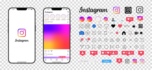 Instagram design set instagram schermo social media e modello di interfaccia di rete sociale instagram cornice foto storie piaciuto flusso sfondo trasparente editoriale
