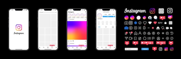 Instagram のデザイン セット画面のソーシャル メディアとネットワーク インターフェイス テンプレート フォト フレーム ストーリーが好き ストリーム フィードバック 個人プロファイル チャット リール フィード トレンドの推奨 エディトリアル ベクトル