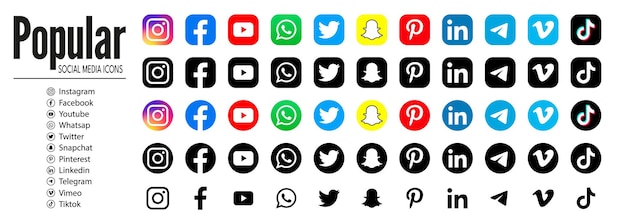Instagram Facebook Twitter Youtube Snapchat Pinterest Whatsap Linkedin Telegram Vimeo Tiktok 인기 있는 소셜 미디어 로고 컬렉션 편집 벡터 Vinnitsa Ukraine 2023년 3월 4일