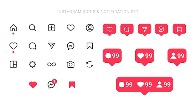 Icone piatte di instagram e set di notifiche con sfondo trasparente