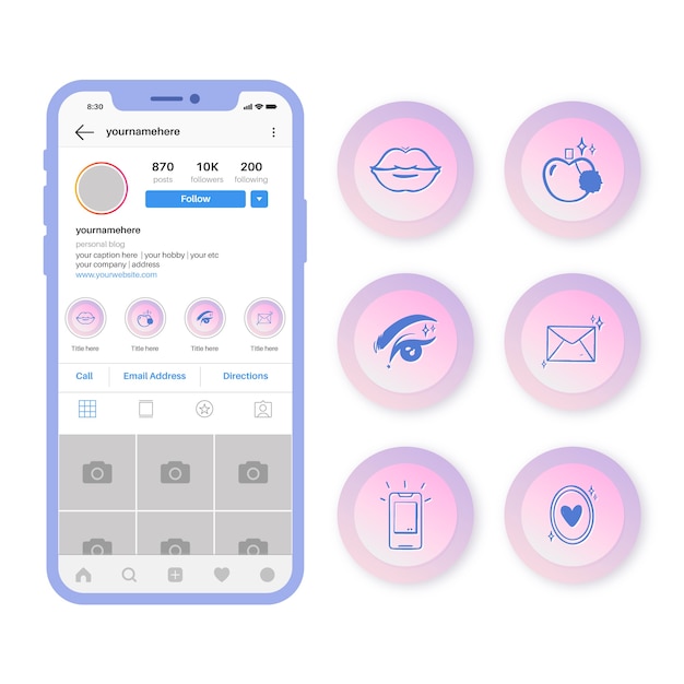 Vector instagram gradient stories highlights with smartphone