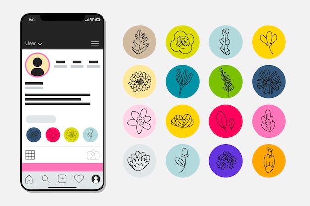 Vector instagram hand drawn floral stories highlights