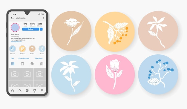 Vector instagram hand drawn floral stories highlights.