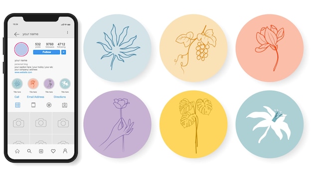 Punti salienti di storie floreali disegnate a mano di instagram.