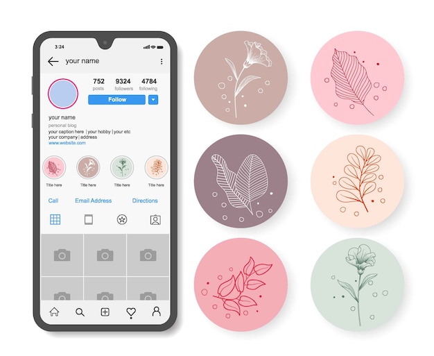 Vettore punti salienti di storie floreali disegnate a mano di instagram.