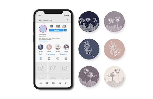 Vector instagram hand drawn floral stories highlights.