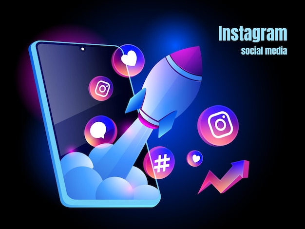 Vector instagram icon logo and rocket social media promotion concept