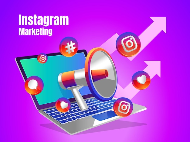 Instagram icons with laptop and megaphone digital marketing social media concept