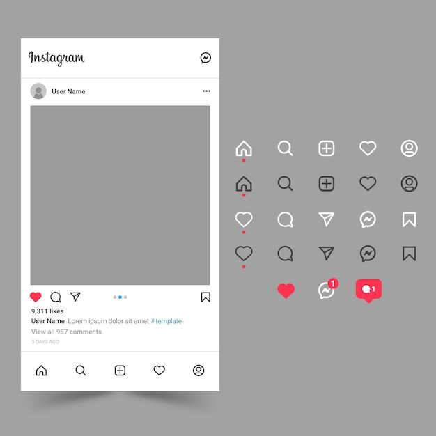 Instagram interface template with icons set