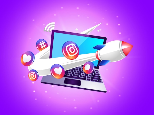 Vettore logo di instagram con razzo e laptop