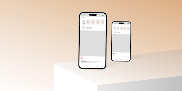 두 개의 스마트폰으로 인스타그램 모형 소셜 미디어 템플릿 디자인