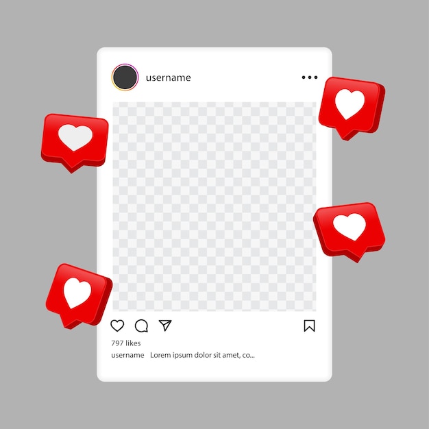 Vector instagram mockup sociale media sjabloon frame 3d hart zoals tekstballon instagram post achtergrond