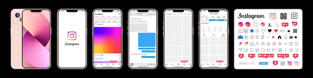 아이폰 15 세트 인스 타 그램 스크린 소셜 미디어 및 소셜 네트워크 인터페이스 템플릿 아이폰 14 인스 타 그램 포토 프레임 스토리가 스트림을 좋아하는 인스 타 그램 모형