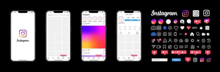 Vector instagram-ontwerp schermsjabloon voor sociale media en netwerkinterface instellen fotolijst gelikete verhalen stream feedback persoonlijke profielchat rollen feed trending-aanbevelingen redactioneel vector