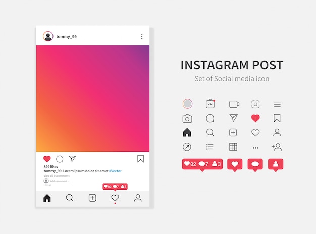 Modello di cornice per foto di instagram e icone di notifiche di social media.