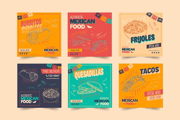 Vector instagram post collection for mexican food restaurant