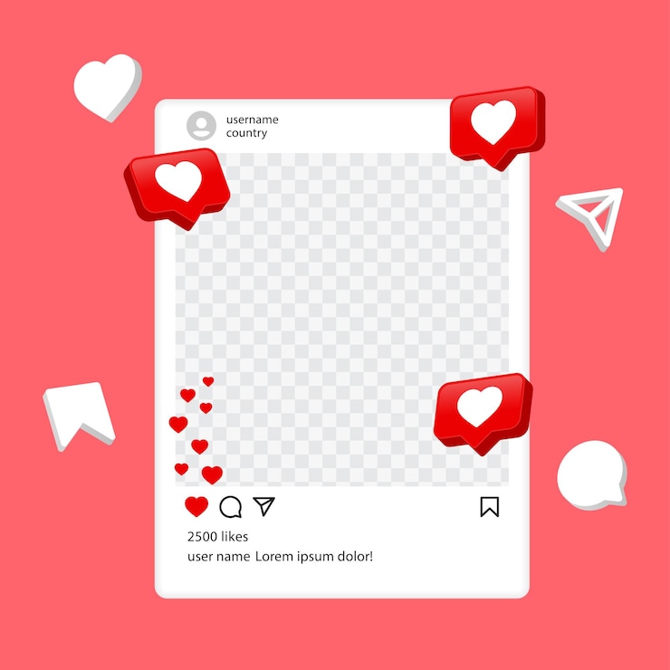 Vector instagramの投稿モックアップ3dソーシャルメディアフレームテンプレートと3dハート吹き出し通知アイコン