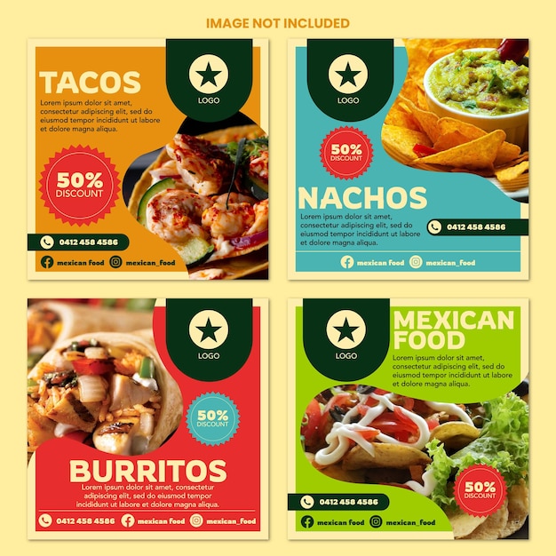 Vector instagram post template for mexican food with various types and colors