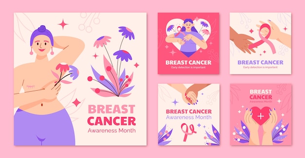 Vettore raccolta di post di instagram per il mese di sensibilizzazione sul cancro al seno