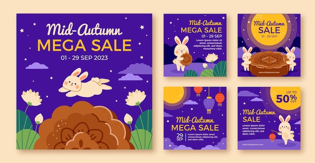 Vector instagram posts collection for chinese mid-autumn festival celebration