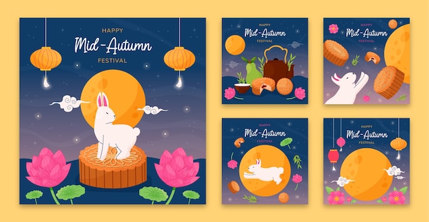 Vector instagram posts collection for chinese mid-autumn festival celebration