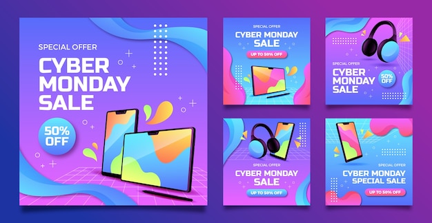 Vettore raccolta di post di instagram per il cyber monday