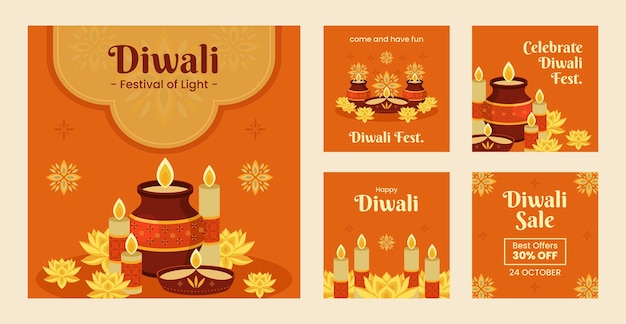 Vector instagram posts collection for diwali hindu festival celebration