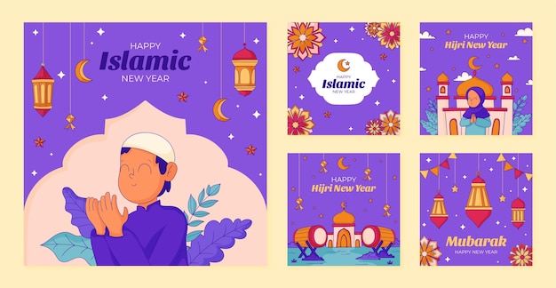 Vettore raccolta di post su instagram per la celebrazione del capodanno islamico
