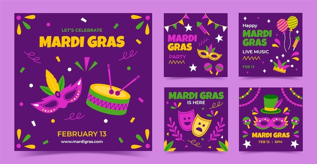 Vector instagram posts collection for mardi gras festival