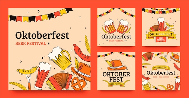 Vector instagram posts collection for oktoberfest beer festival celebration