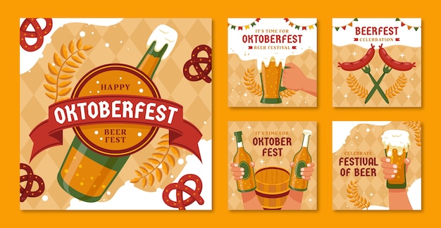 Vettore raccolta di post su instagram per la celebrazione del festival della birra dell'oktoberfest