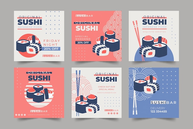 Vector instagram posts collection for sushi restaurant