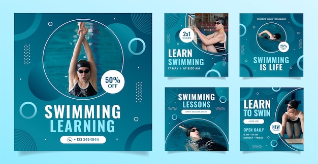 Vettore raccolta di post su instagram per lezioni di nuoto e apprendimento