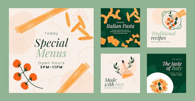 Vector instagram posts collection for traditional italian food restaurant