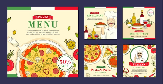 Vector instagram posts collection for traditional italian food restaurant