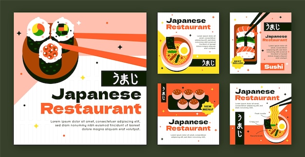 Vector instagram posts collection for traditional japanese restaurant